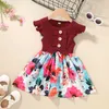 Toddler Baby Girl Summer Dress Kids Fly Sleeve Ruffles Bow Ribbed Flower Princess Dress för tjejer 12 18 24 månader 3 4 5 år Q0716