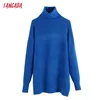 Tangada Mujeres Vintage Azul Flojo Casual Tejido Cuello Alto Suéter Femenino Chic High Street Jersey Marca Tops BE75 211011