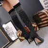 Женщины над коленными ботинками Rhinestone Boots Boots Socks Упругие сексуальные высокие каблуки Bling Sequin вязаные эластичные высокие каблуки H1116