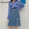 Sommar Kvinnors A-Line Jeans Kjolar Elegant Koreansk Stil Hög Midja Split Burrs Blue Ol Casual Midi Skirt 210428