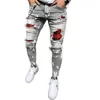 Męskie pikowane haftowane dżinsy chudy dżinsy zgrywanie siatki stretch denim spodnie mężczyzna patchwork jogging spodnie S-3XL 210723
