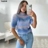 TAOVK Tie Day Knitted Sweater Female Rainbow Kawaii Pullover Women Short Sleeve O-neck Candy Outwear Female Sweet Top Jumpers 210805