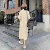 Women Khaki Beige Brown Knitted Sweater Turtle Neck Casual Long Sleeve Midi Dress Autumn Winter D2117 210514