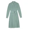 Femmes vert Patchwork poche plis simple boutonnage robe col polo manches longues Slim Fit mode marée été 7E0839 210421