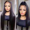 Lång brasiliansk rak 360 spets frontal peruk med babyhår limlös 180% 13X4 transparent syntetiska peruker för svarta kvinnor