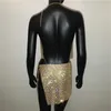 AKYZO Kobiety świecenia Rhinestone Halter Metalowa sukienka łańcuchowa 2019 nowy klub nocny Gold Silver Backless Split Hip 2 sztuki Zestaw Dress Y0603