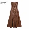 Femmes Vintage V Cou Simple Boutonnage Faux Cuir Sans Manches Gilet Robe Femme Chic Casual Plis Midi Robe DS4622 210420