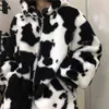 Vinter Kvinnor Fleece Jackor Furry Teddy Coat harajuku Milk Cow Print Faux Fur Jacket Vintage Hip Hop Warm Streetwear 211029