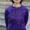 ジョニー教徒の女性のドレスビンテージ春の刺繍女性服紫の緩い立場襟リネンレジャーレディースドレス210521