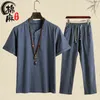 Zomer Chinese stijl katoen en linnen pak heren korte mouwen T-shirt negen-punt broek tweedelige herenkleding G220224