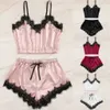 Sexy Lingerie Women's Pajamas Sleepwear Pijama Mujer Sleeveless Strap Underwear Pyjama Lace Trim Satin Cami Top Short Pajama Set Q0706