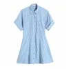 Vrouw Jurk Blauw Mini Shirt Dames Zomer Mode Button Up Korte Mouw Es Dames Casual ES 210519