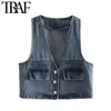 Traf Women Fashion z kieszeniami dżinsowa kamizelka kamizelka vintage v szyi bez rękawów żeńskie kamizelki