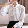 Women Blouses Blusas Mujer De Moda Blouse Women Bow V-neck Chiffon Blouse Shirt Long Sleeve White Blouse Shirts Tops D418 210426