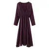 Za Satin Purple Long Dress女性Vネック長袖エレガントなオフィスドレスファッション弾性ウエストサイドポケットミディドレス210602