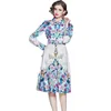 İlkbahar Sonbahar Pist Çiçek Baskı Midi Elbiseler kadın Uzun Kollu Vintage Zarif Parti Pileli Elbise Vestidos Robe Femme 210520