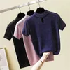 Kilitler 2020 Yaz Moda Harajuku T Gömlek Kadın Örme Oymak Seksi Tops Kısa Kollu Balıkçı Yaka Tişörtleri Beyaz Siyah X0628