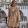 FORIDOL LeopardプリントFAUXの毛皮の汗のドレスの女性秋のwinerパーカーカーキ短いふわふわのドレスファジー暖かいドレス210415