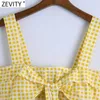 Zevity francuski styl kobiety słodki łuk wiązana szkocka kratka drukuj żółty krótki bluzka smokowa żeński elegancka koszula sling chic blusas topy LS9160 210603