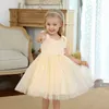 Princess Girls Dress Pearls Kids Dresses Bow Shoulder 1st Birthday Dress Baby Girl Tulle Flower Girl Dress for Wedding 1-5Years Q0716