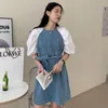 Casual Sukienki Lato Mini Dress 2021 Koreański Styl Wysoki Talii Rękaw Puff Rękaw Patchwork Denim Kobiety Słodka Lady (N0205)
