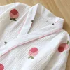Quimono japonês estilo de verão senhoras shorts de mangas curtas pijamas pijamas de dois peach algodão crepé serviço de pijama conjunto 210809
