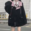 Winter japonês mulheres casual punk streetwear jaqueta solta bolsos de mangas compridas com capuz tamanho grande moda vintage harajuku 210818