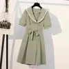 Women Elegant ArmyGreen Bow Belt Sashes Sailor Collar Double Breasted Slim Short Sleeve Dress D3046 210514