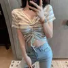 Fashion Sexy V Neck Short Sleeve Drawstring Bandage Rainbow Striped Tshirts Women Summer Knitted Crop Tops Sweet Tees Wild 210429