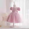 6M-5Y Maluch Niemowlę Baby Kid Girls Sukienka Koronki Bow Puff Rękaw Tulle Party Wedding Birthday Dresses dla 210515