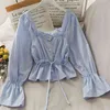 Kimutomo Spring Summer Bow Lace-Up Camisa Mulheres Quadrado Collar Flare Sleeve Drawstring Cintura Slim Cintura Sólida Tops Casual 210521