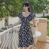 Vintage elegante zomerjurk mode korte mouw een lijn retro split floral vrouwen 210529