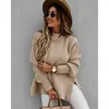 Women Solid Knitted Side Slit Mock Neck Sweater Winter Long Lantern Sleeve Basic Pullover Casual Female Loose Tops 210416