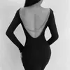 O-Boyun Yaka Katı Renk Uzun Kollu Seksi S-Zincir Açık Geri Örme Bodycon Elbise Y2K Alışveriş Merkezi Goth Bahar GX696 210421