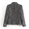 Vintage Tweed Plaid Jackets Women Fashion Casual V Neck Coats Elegant Ladies Double Breasted Outerwear 210520