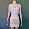 Halter sexy backless mini gebreide jurken bodycon zomer dames slanke heup trui open rug regenboog brei 210508