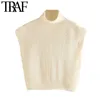 Traf Women Fashion z podkładkami na ramię przycięty dzianinowy sweter vintage wysoki rękaw na szyi żeńskie pullover eleganckie topy 210415