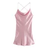 Women Summer Solid Sexy Mini Dress ZA Sleeveless Off shoulder Satin Elegant Female Fashion Lining Dresses Vestidos 210513