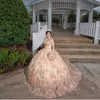 2021 Sexy y lujoso Blush Pink Champagne Quinceañera Vestidos de gala Apliques de encaje floral 3D Crystal Sweep Train Hollow Back Plus Size Party Prom Vestidos de noche