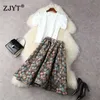 Women Fashion Summer Runway 2 Piece Set Designers Puff Sleeve White T Shirt and Jacquard Ball Gown Skirt Suit Vintage Outfits 210601