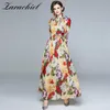 Höst Romantisk Floral Holiday Maxi Robe Kvinnor Ärm Blomma Utskrift Sashes Pläterad Chiffon Lång Klänning + Scarf 210416