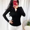 Spring Lady Black Solid red v neck sexy Slim Fit Tee Women Highstreet Casual Long Sleeve Tshirt Tops female girl t shirt 210423