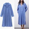 Za Blau Gestreiftes Plissee Hemd Kleid Frauen Langarm Dropped Schulter Büro Kleider Frau Retro Button Up Frühling Kleider 210602