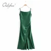 Été femmes longue Satin Spaghetti sangle vert Sexy fendu soie Maxi robe de soirée 210415