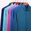 Męskie wygodne - Soft Smooth Smooth Bamboo-Fiber Sukienka Koszule Kieszonkowe Mniej Design Z Długim Rękawem Standardowy Fit Classic Easy-Care Shirt 210628
