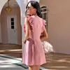 Summer vintage short Dress lady solid color elegant ruffled high-waist mini dress women beach cute button vestidos 210508