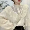 Outono Loose Mulheres Blusas Doce Roupas Coreanas Lace Up Ruffles Mulheres Blusa Fashion Stand Camisas Vintage Senhora Tops Chic 11335 210527