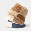 Berets Stitching Color Plush Fisherman Hat Wide Brim Block Bucket Autumn Winter Fashion Casual Unisex