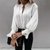Jesień Biała bluzka Kobiety Moda V-Neck Wzburzyć Z Długim Rękawem Eleganckie Biuro Damskie Koszule Plus Size Casual Topy i Bluzki Femme 210719