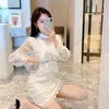 Vintage sexy white lace short dress women Long puff sleeve es dots female Luxury slim party mini vestidos 210603